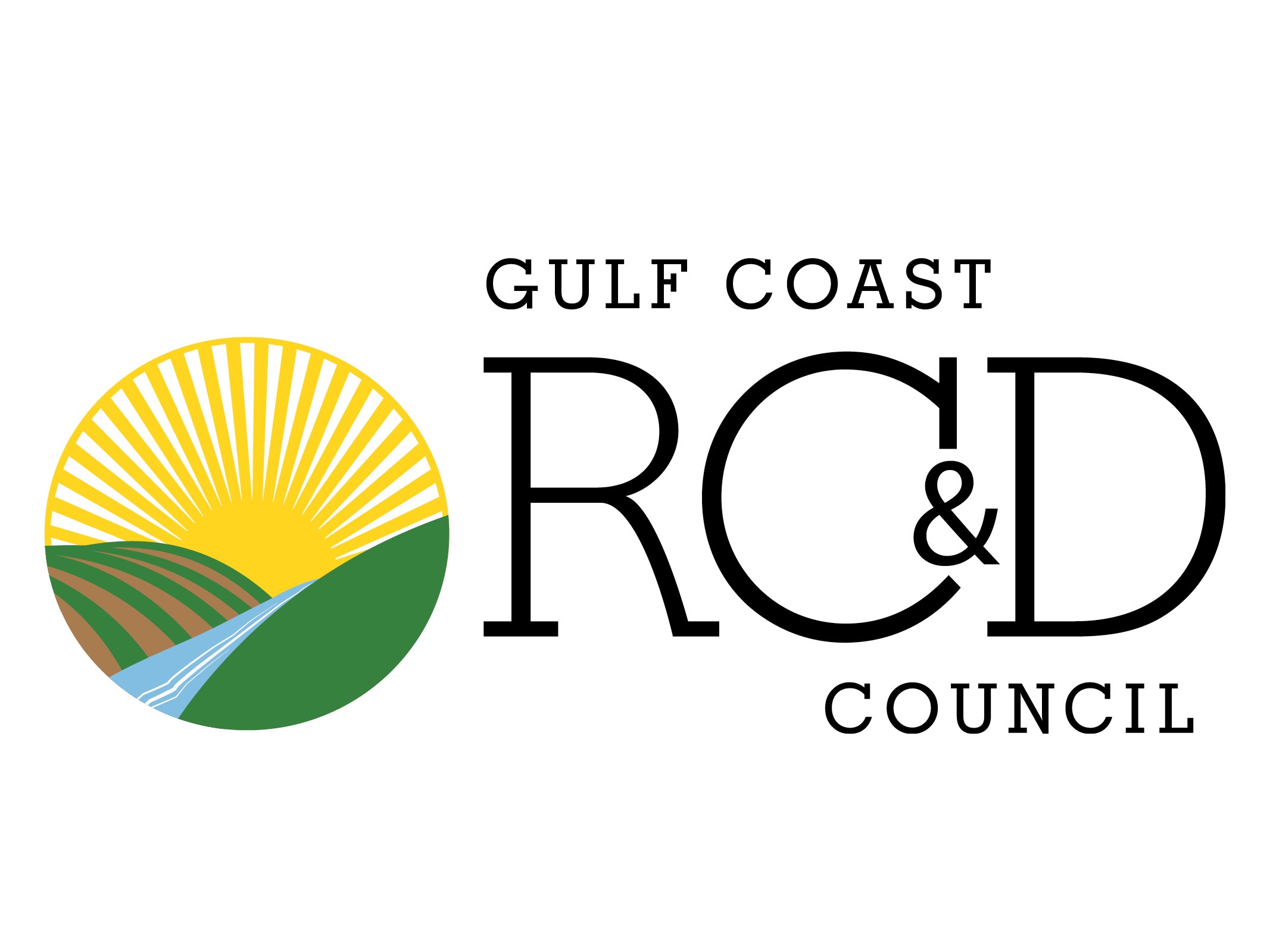 Gulf Coast RC&D Council logo featuring a sunrise over farm fields and a stream